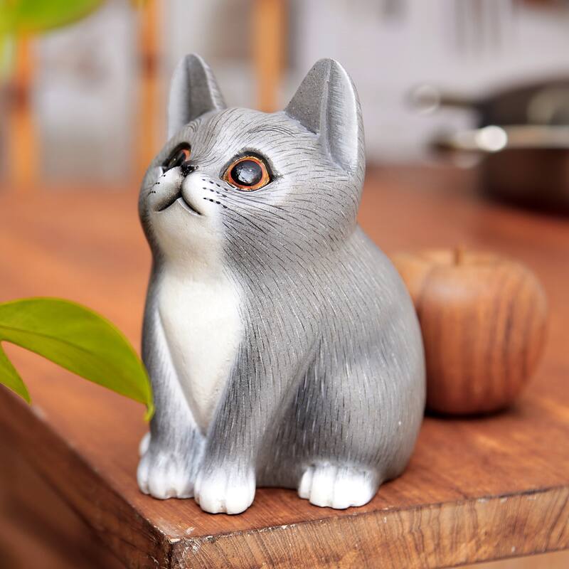 Novica Handmade Dreamy Kitten Wood Figurine