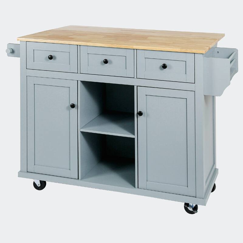 Kitchen Cart with Rubber wood Drop-Leaf Countertop