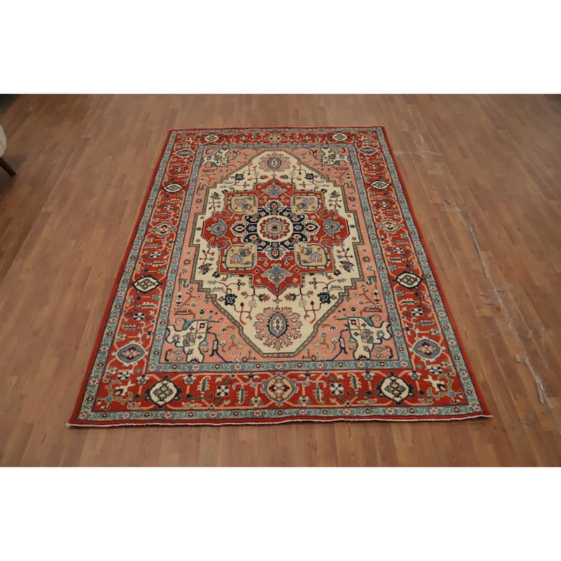Hand Knotted Oriental 100% Wool Carpet Traditional Medallion Oranges & Rust Heriz (serapi) Area Rug - 8' 9'' X 6' 1''