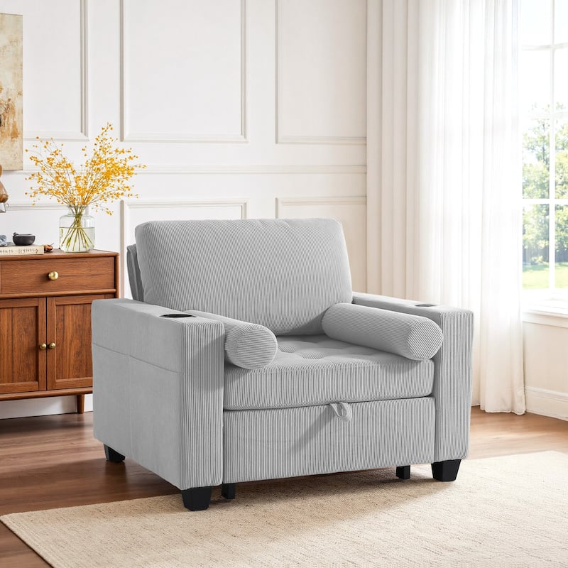 3-in-1 Corduroy Sleeper Sofa Pull-Out Bed Convertible Adjustable Loveseat with USB Port