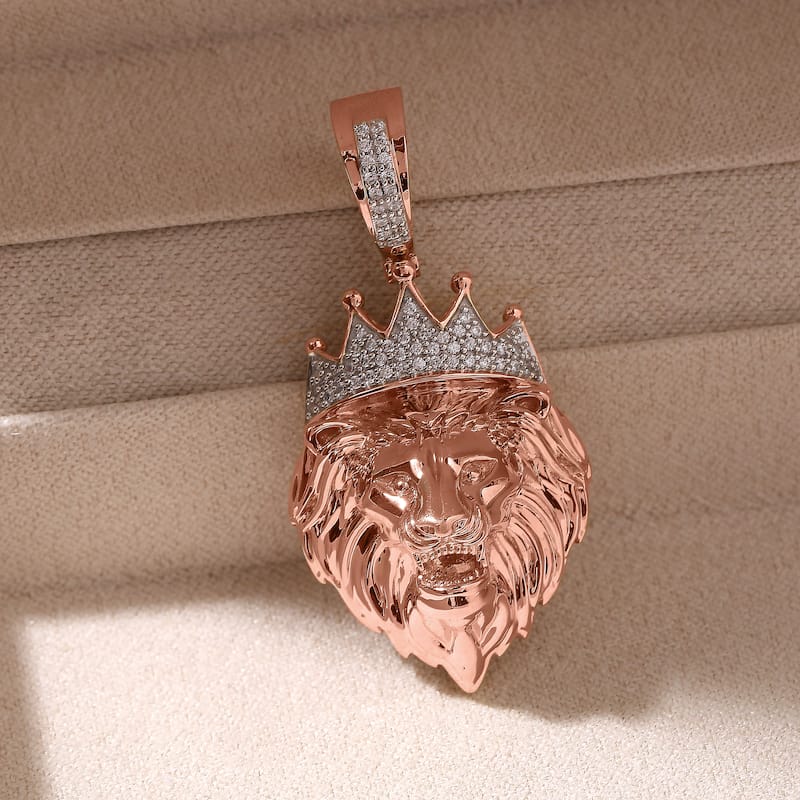 10K Gold 1/6ct TDW Diamond Crowned Lion Head Pendant for Men - Rose