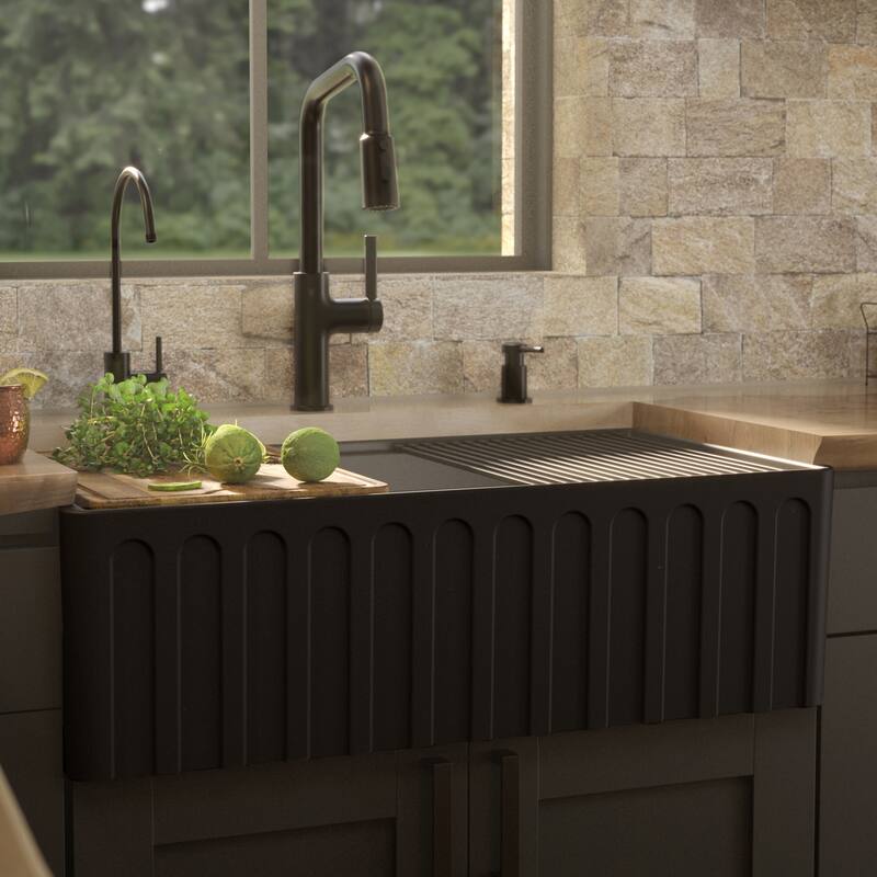 Karran 33" Single Bowl Workstation Fireclay Kitchen Sink with Reversible Fluted Apron Front
