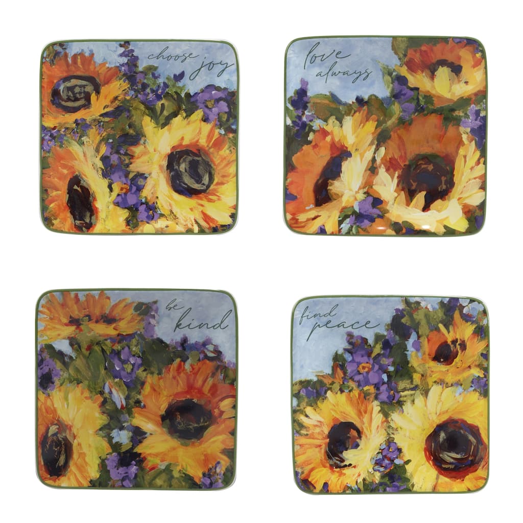 Certified International Sunflower Bouquet 6" Canape/Luncheon/Appetiser Plates, Set of 4 Assorted Designs - 10.75' x 11'