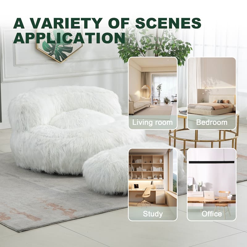 Plush Upholstered Round Comfort Lounger Bean Bag Chair with Ottoman