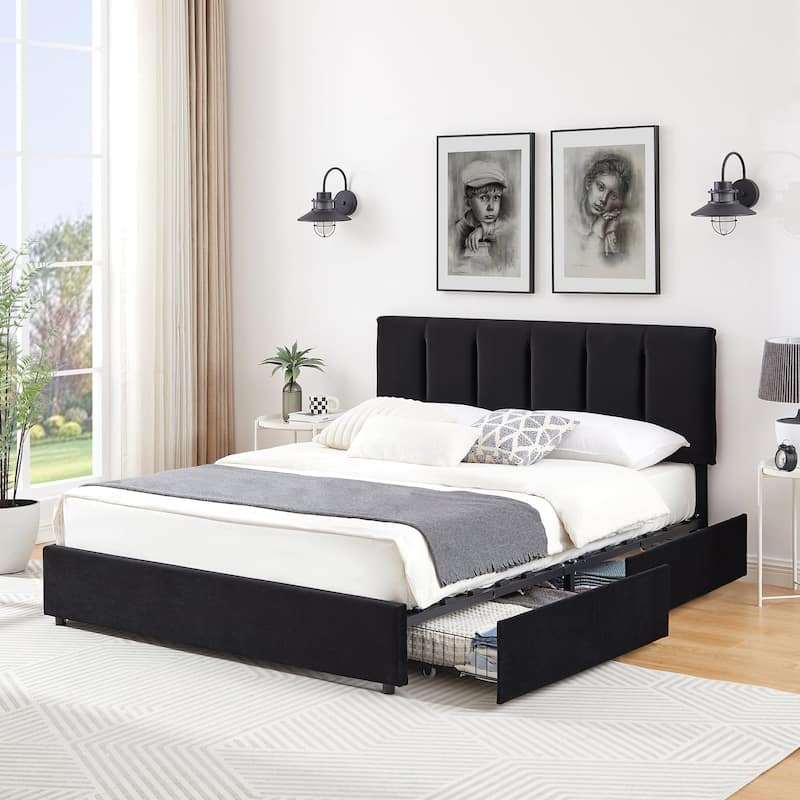 Javlergo Bed Frame with Storage Drawers, Upholstered Platform Bed Frame with Adjustable Headboard