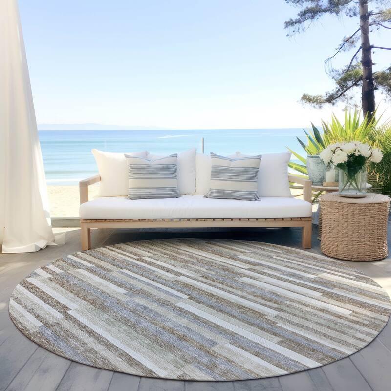 Machine Washable Indoor/ Outdoor Chantille Stripes Modern Rug - Taupe - 8' x 8'