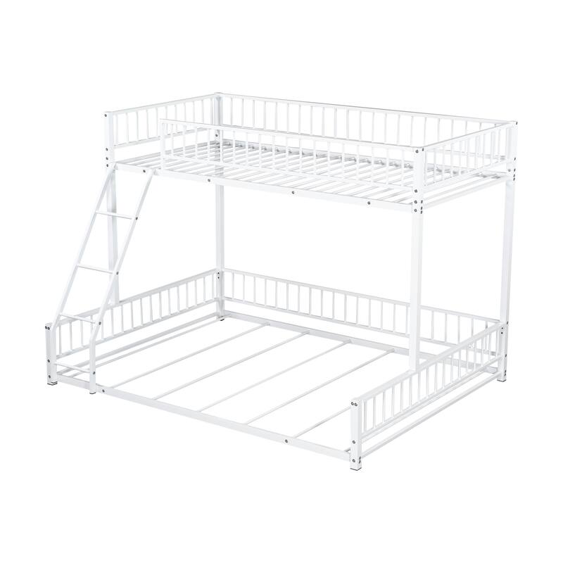 Roomfitters Twin/Full XL over Queen Floor Bunk Bed Frame with Ladder and Safety Guardrails Easy Assembly, Black