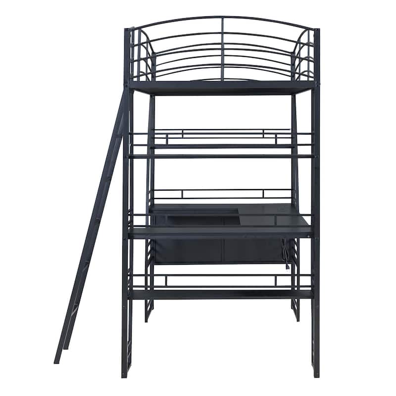 Metal Loft Bed with 4 Layers of Shelves, Desk & USB Ports & Wireless Charging