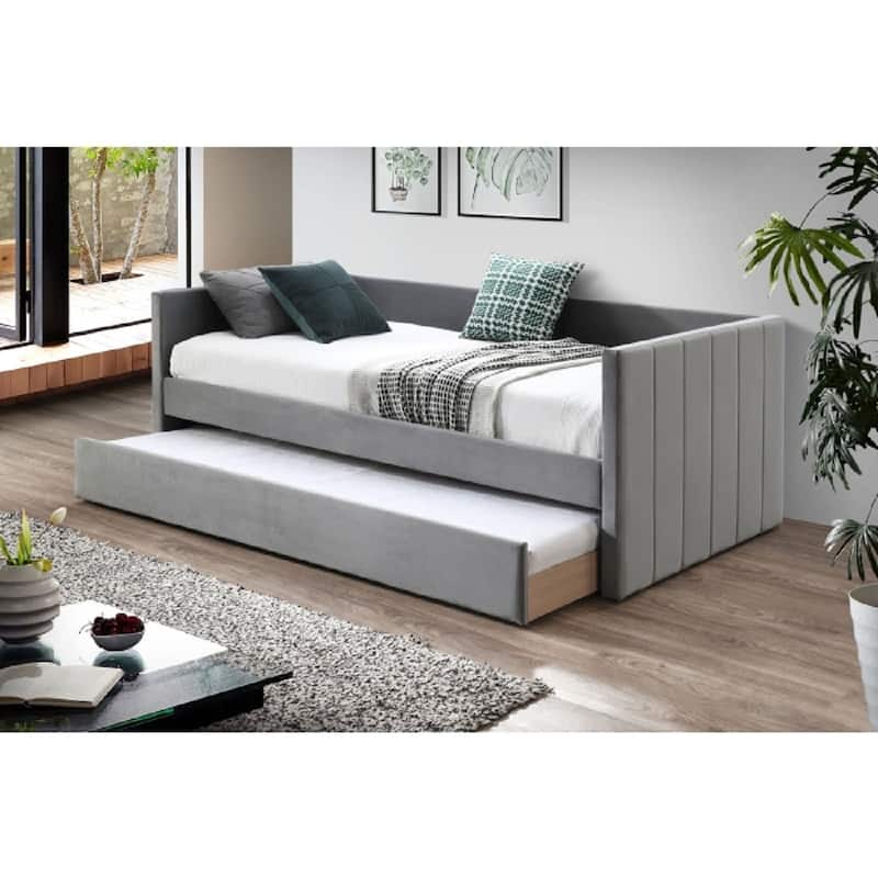 Stylish Velvet Daybed with Trundle, Square Arm Twin Day Bed