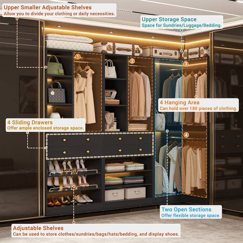 Set of 2/ 3 Coner Closet System with Shoe Racks and Drawers, Freestanding Closet Organizer with Hanging Rods and Shelves
