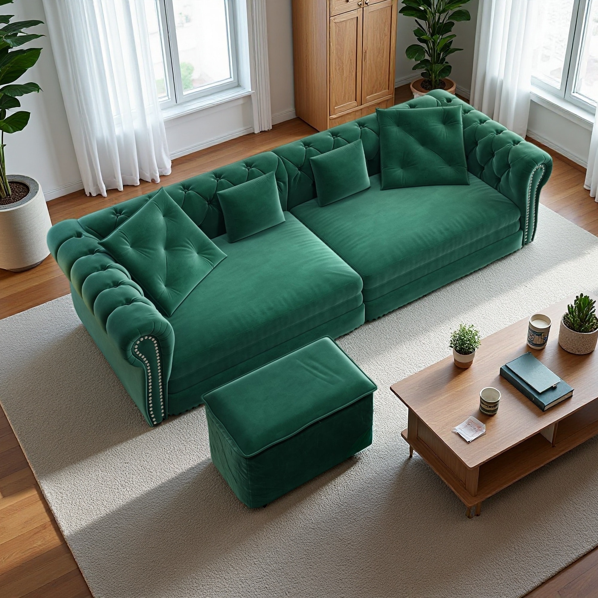 89" Velvet 3-in-1 Chesterfield Sofa with Pull-Out Bed, Tufted Design and Movable Ottoman