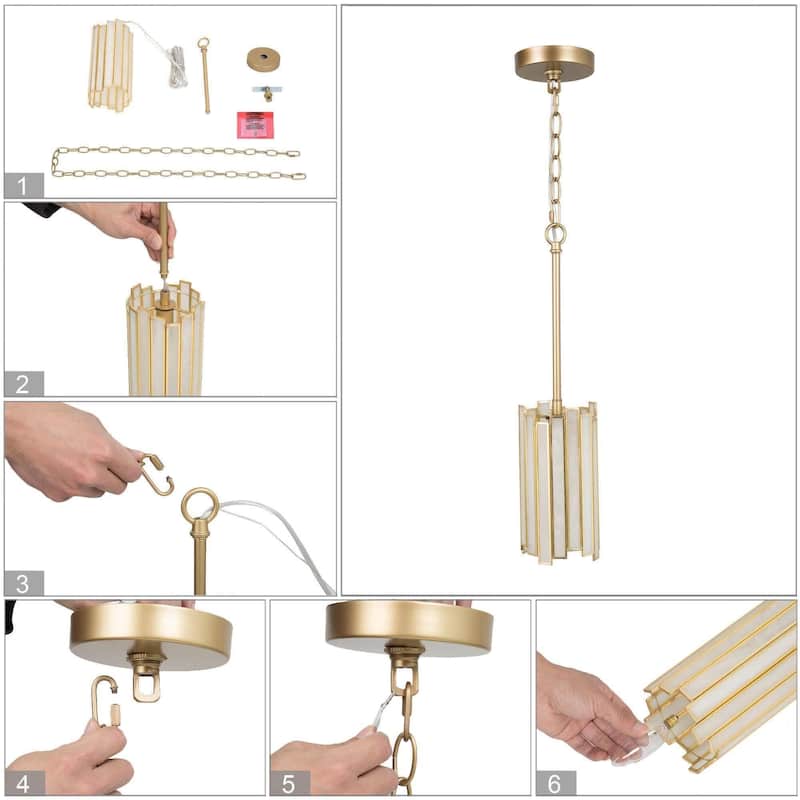 Modern Black Gold 1-Light Pendant Cylinder Glass Kitchen Island Light for Dining Room