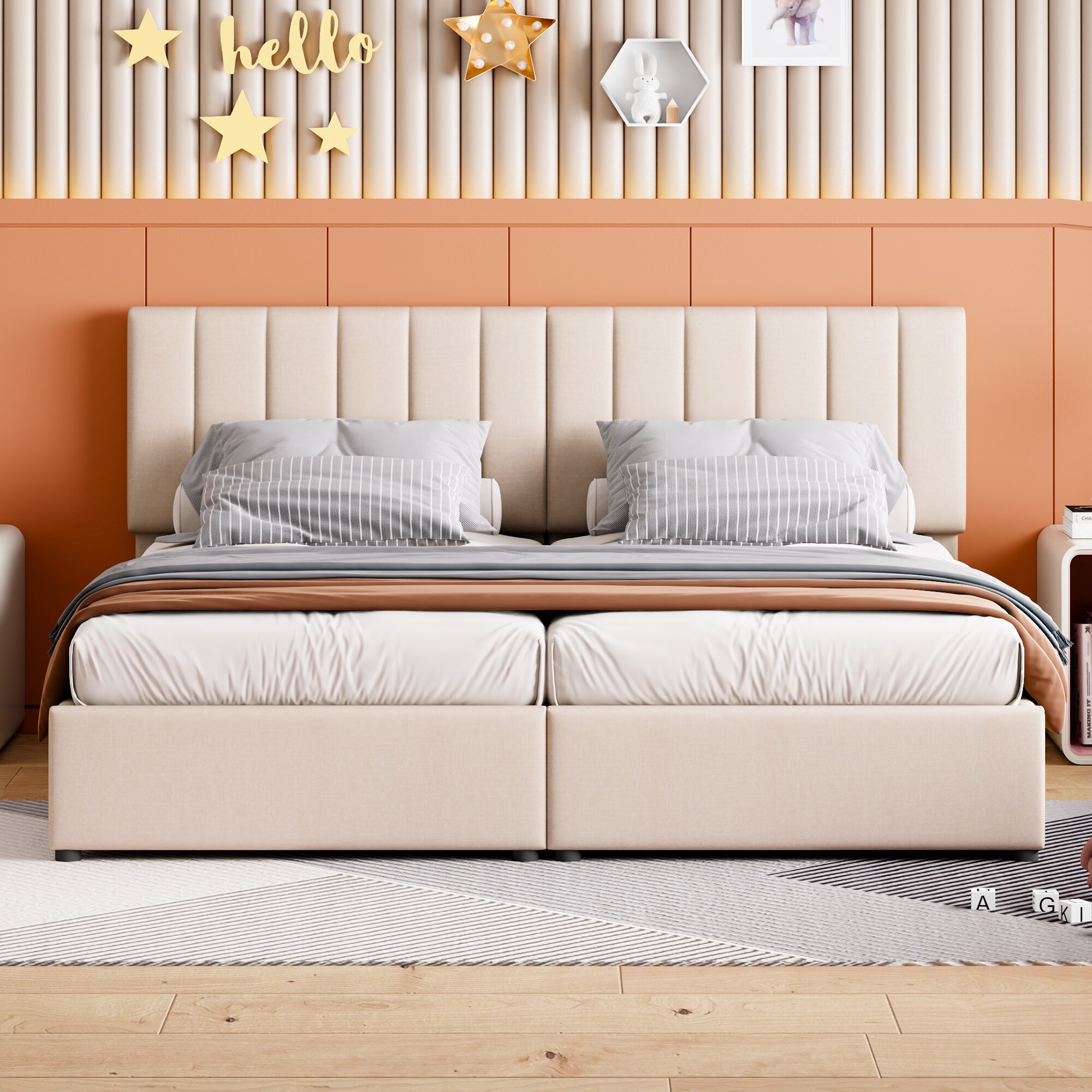 King Hydraulic Upholstered Bed, Twin-to-King, Stripe Headboard