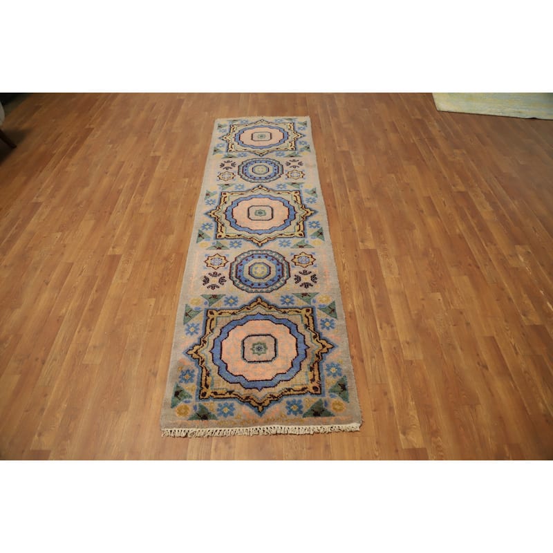 Hand Knotted Oriental 100% Wool Carpet Traditional Geometric Beige & Ivories Kazak Runner Rug - 8' 0'' X 2' 5''