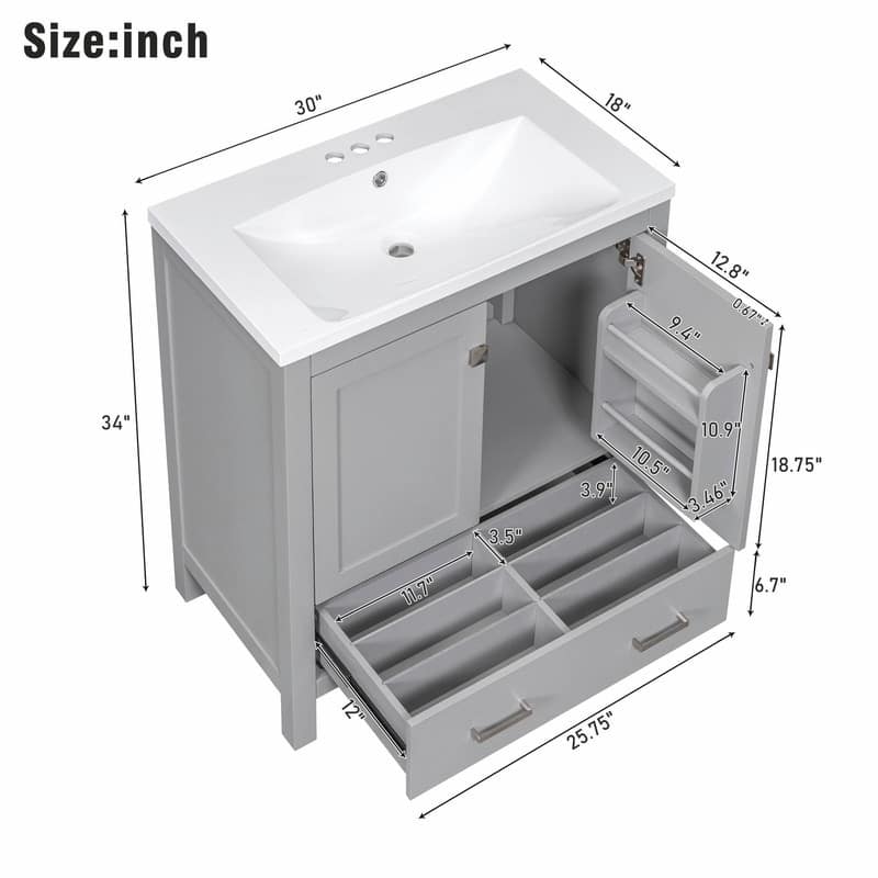 30" White Bathroom Vanity with Single Sink, 2 Doors, and Drawer