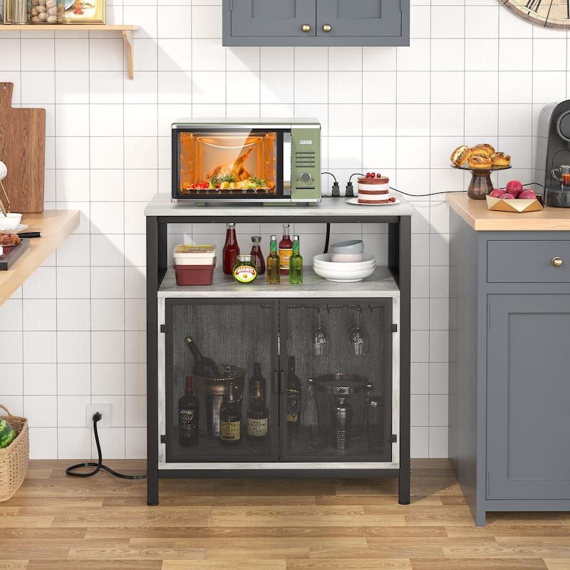 Wine Bar Cabinet with RGB Light and Outlet, Liquor Cabinet with Glass Holder and Wine Rack