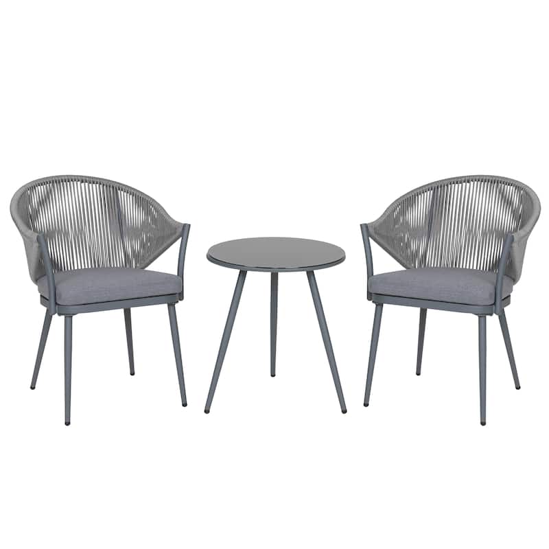 Nuu Garden 3-Piece Aluminum Outdoor Bistro Set, 1 Coffee Table and 2 Woven Rope Chairs with Seat Cushions - Grey