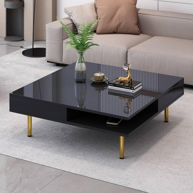 2-Tier Square Coffee Table with 2 Drawers, 4 Golden Legs, High Gloss Coffee Table Center Table w/ Storage for Living Room