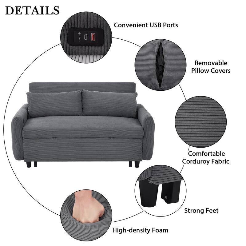 57.48" Corduroy Convertible Sofa Bed with Pull-Out Sleeper, Adjustable Backrest & USB