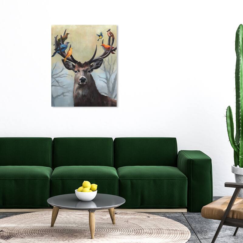 Wynwood Studio Canvas Animals Cute deer with birds Brown and Traditional Wall Art Canvas Print - Brown, Blue - 36 x 30
