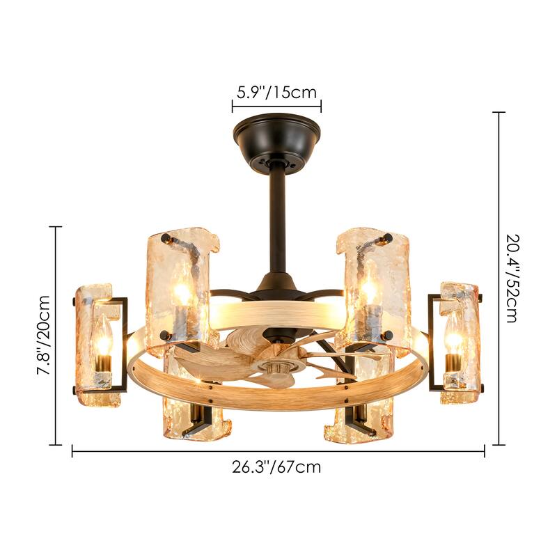 26.4 in. 6-Light Farmhouse Wood Finish Drum Ceiling Fan with Amber Glass Shades and Remote Control - 26.38 in. W x 7.87 in. H