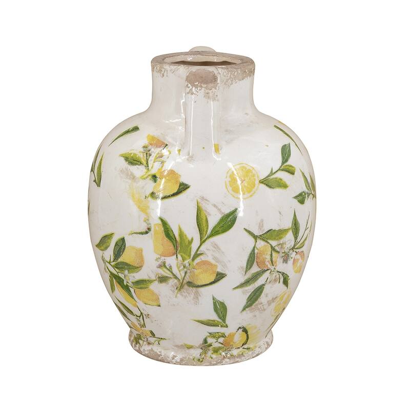 6.7x6.7x8.7" White Ceramic Vase with Yellow Lemon Motif and Small Handles