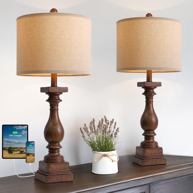 27" Farmhouse Table Lamp Set of 2 with USB A and C - Brown -  2 Pack Rotary Switch