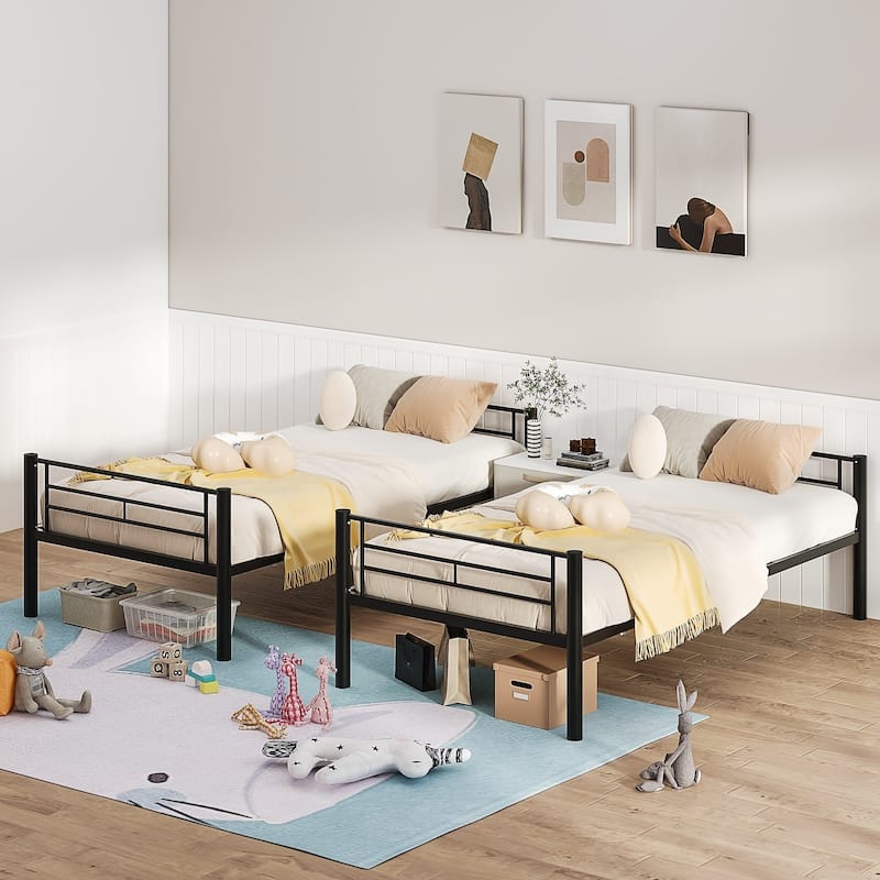 Bunk Bed Metal Twin Size Bunk Beds Frame with Ladder & Full-Length Guardrail Heavy Duty Sturdy 2 in 1 Convertible Bunk Bed