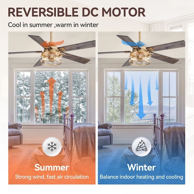 52" Reversible 5-Blade Farmhouse Glam Floral Glass Caged Ceiling Fan with Light and Remote