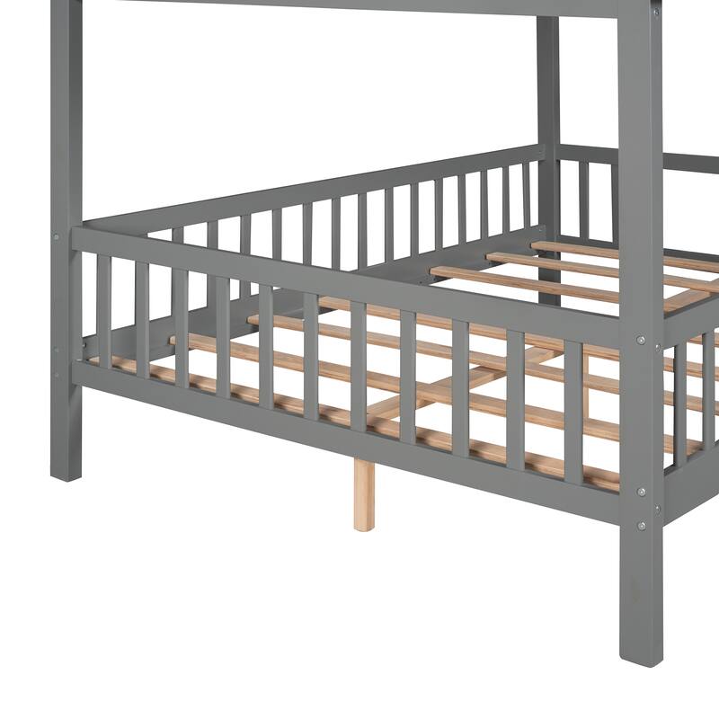 Platform Bed for Kids, Wooden House Shaped Bedframe with Fence & Roof
