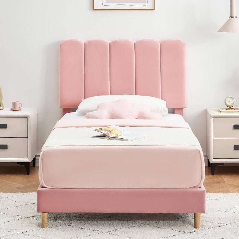 Twin Upholstered Platform Bed Frame with Wave Headboard, Wood Slats, No Box Spring Needed, for Kids or Teens