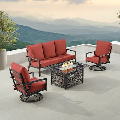 Black Aluminum Fire Table Set with Sofa and Two Club Chairs