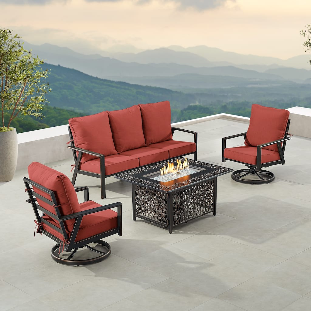 Black Aluminum Fire Table Set with Sofa and Two Club Chairs