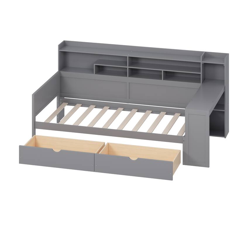 Twin Size Wooden Daybed Platform Bed with Recessed Desk Storage Shelves and 2 Drawers Under Bed for Compact Spaces, Bedroom