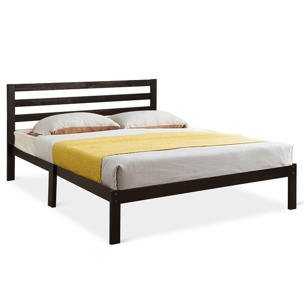 Gymax Solid Wood Platform Bed Headboard Design Queen Size Bed Frame Wood Slat Support - Espresso