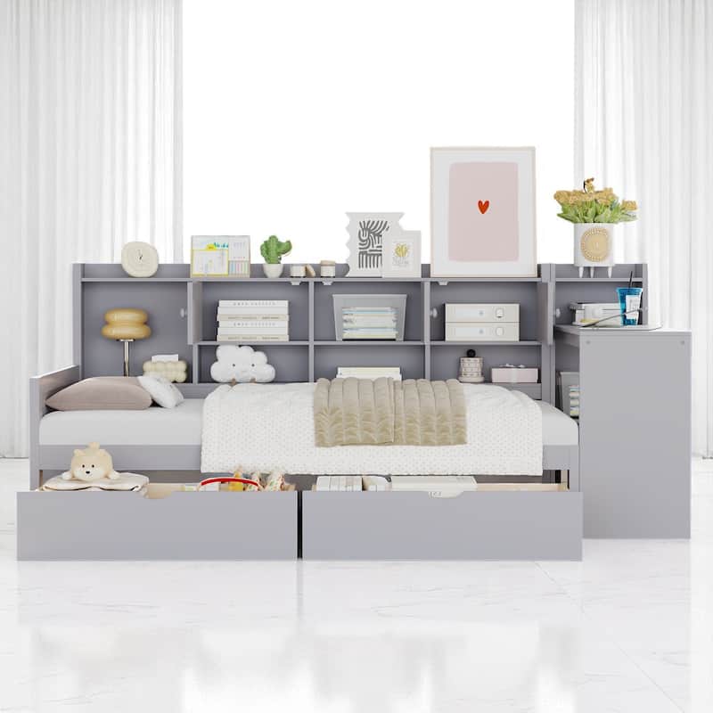 Space-Saving L-Shaped Daybed with Seven Storage Cabinets, Two Drawers, and Adjustable Study Desk
