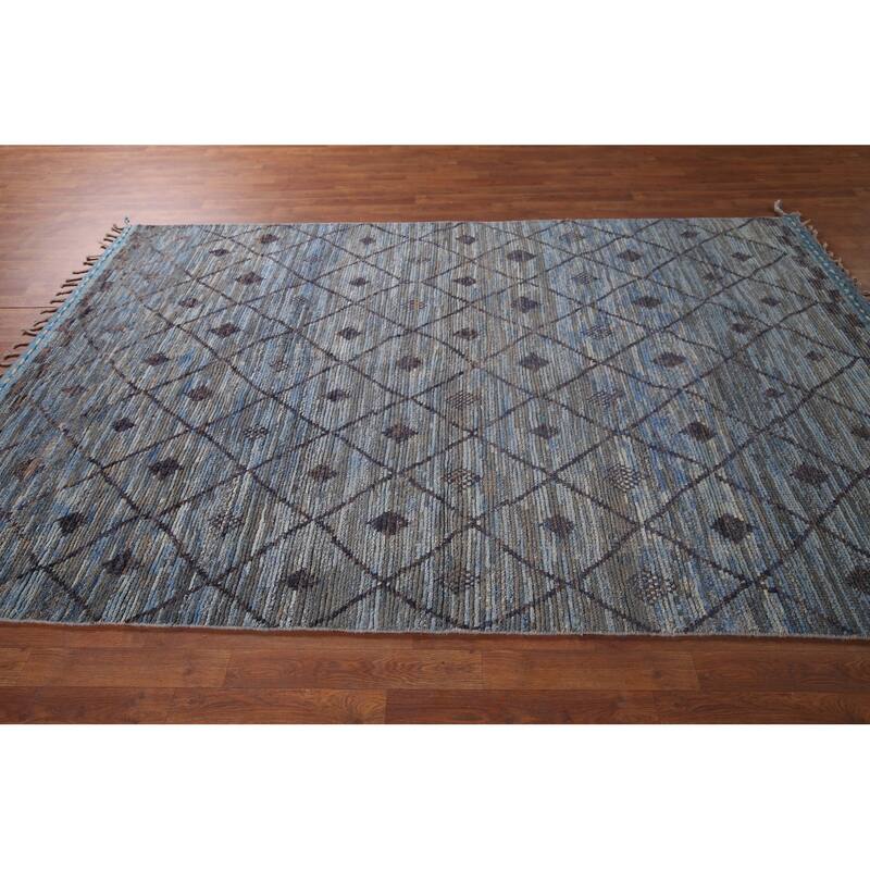Blue Trellis Moroccan Area Rug Handmade Wool Carpet - 6'0"x 9'8"