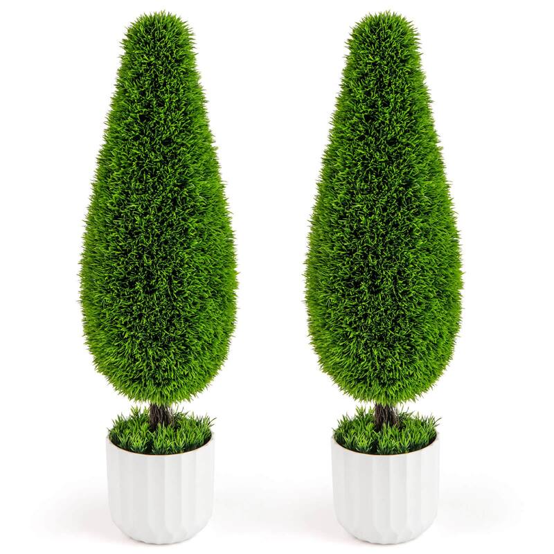 3 FT Artificial Cedar Teardrop Shaped Topiary Tree 2 Pack Potted Décor - Green