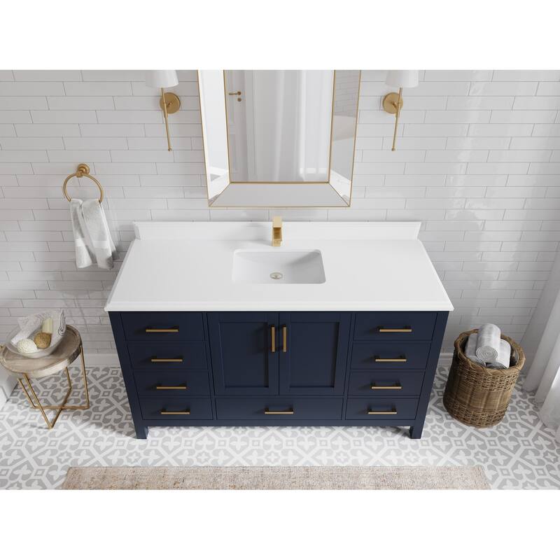 Willow Collections 60 in. W x 22 in. D Malibu Single Sink Bathroom Vanity with Countertop - 1.5" White Quartz - Navy Blue