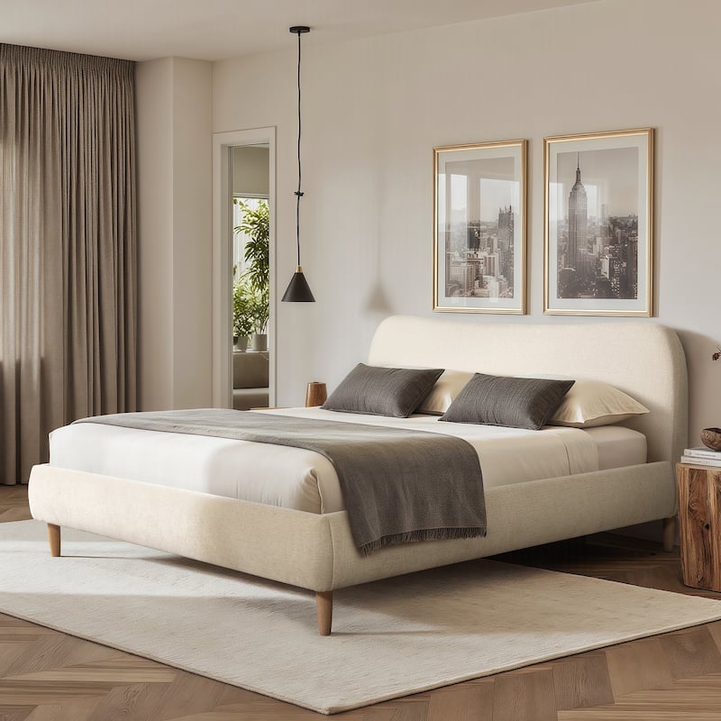Roman Boucle Sherpa Curved Headboard Modern Platform Bed - Oatmeal Light Beige Chenille - King
