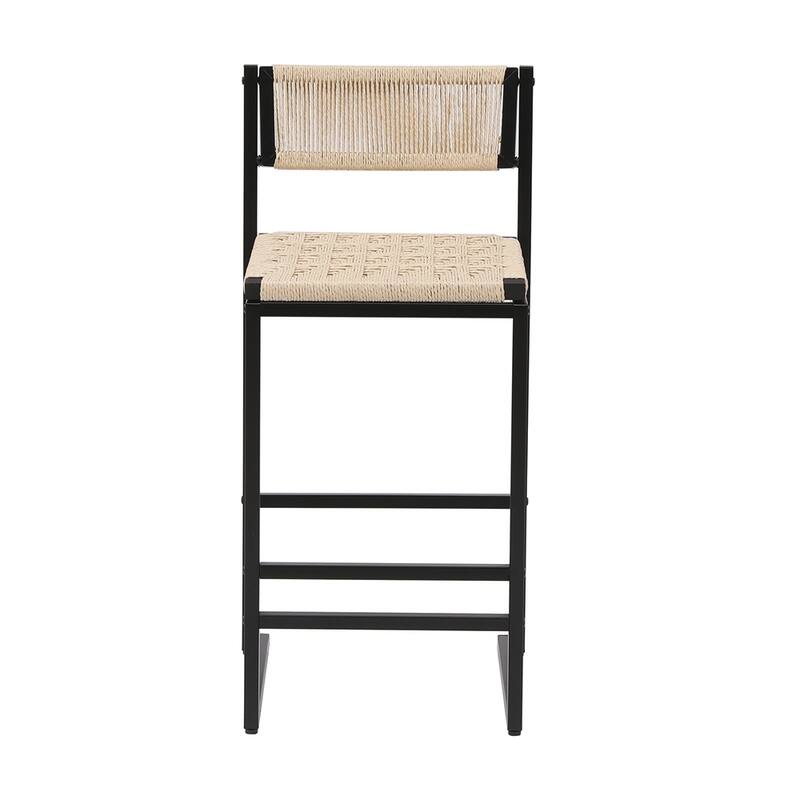 Set of 2 Woven Bar Stools with Backrest Paper Rope Weave Dining Chairs