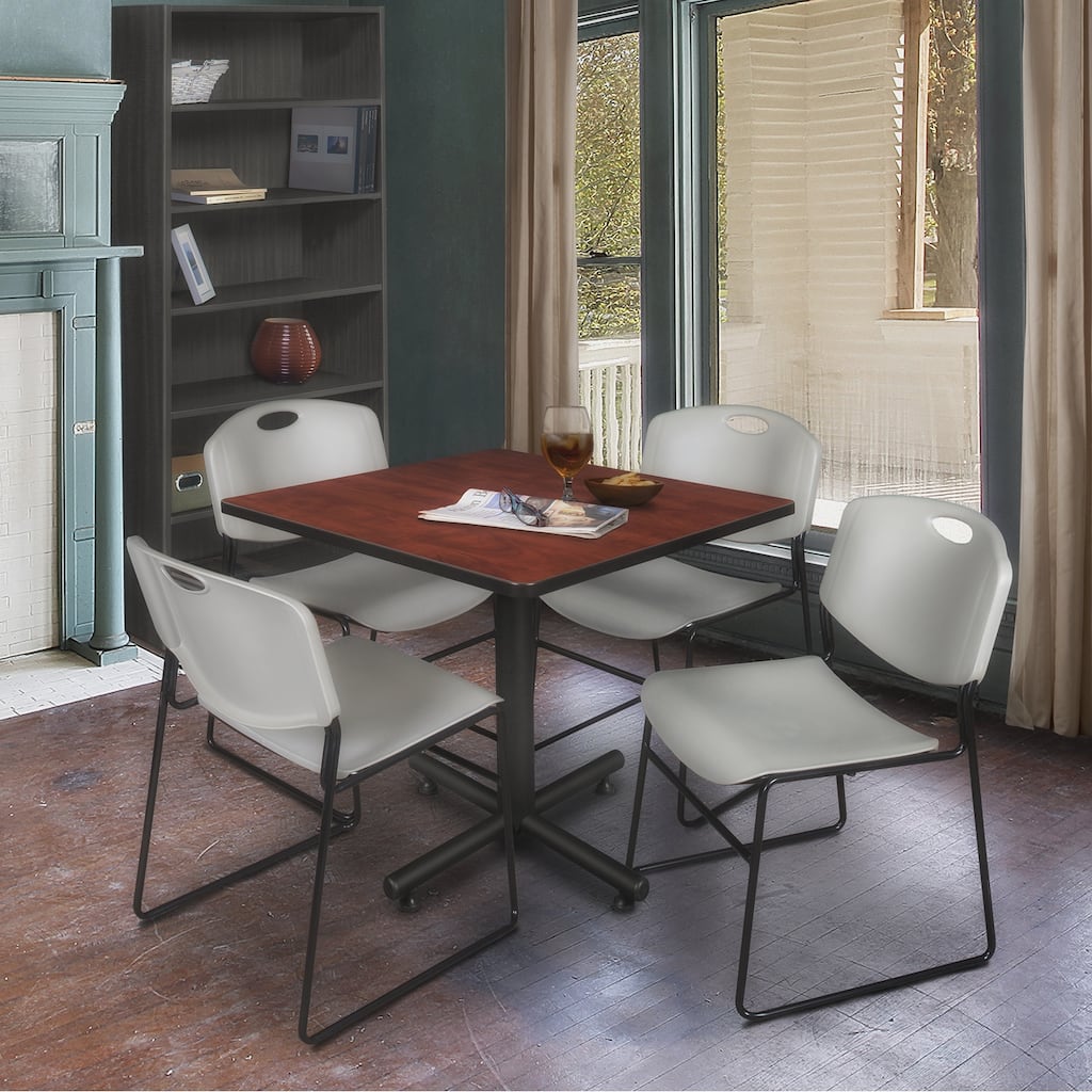 42 in. Square Breakroom Table- Cherry & 4 Stack Chairs- Grey