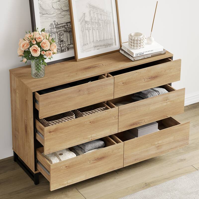 WAMPAT 3 in 1 Multifunctional Dresser with Glass Doors and 6 Drawers, Modern Chest of Drawers for Bedroom