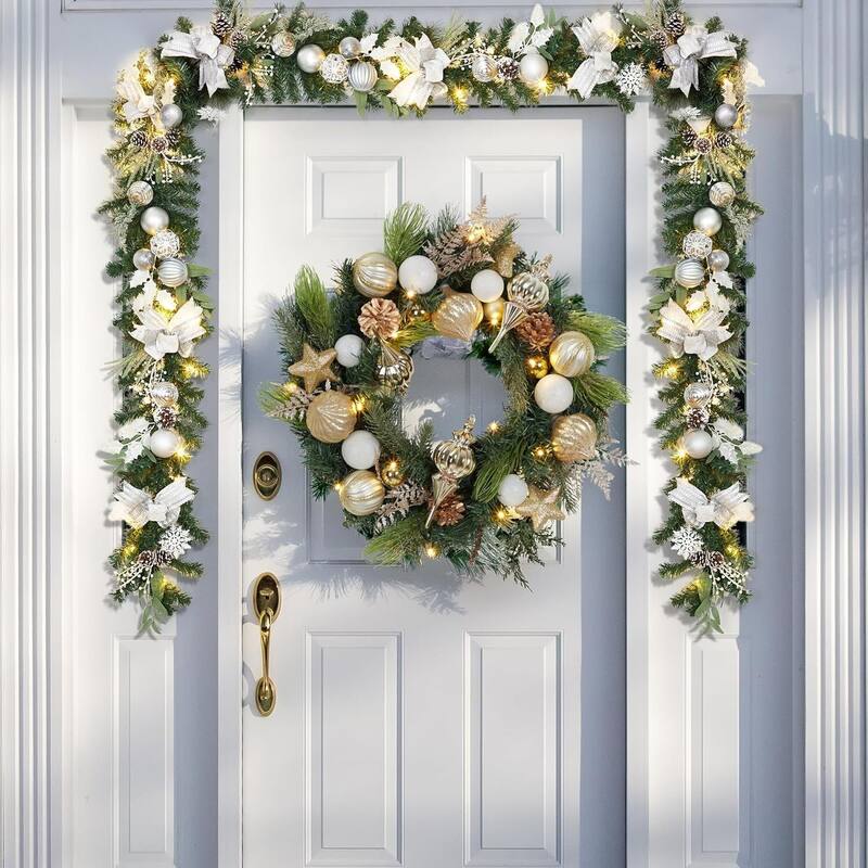 6Ft Christmas Garland with Lights Silver Ball Ornaments Pine Cones Ribbon Bows - N/A