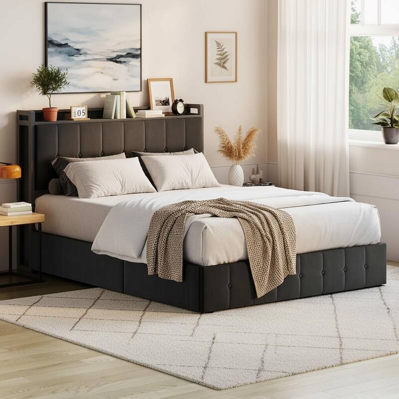 Bed Frame with Lift Up Storage and Storage Headboard - Black - King