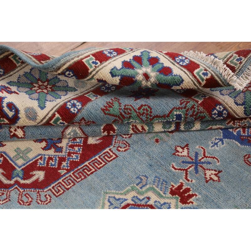 Light Blue Geometric Kazak Rug Handmade Wool Carpet - 4'11" x 6'6"