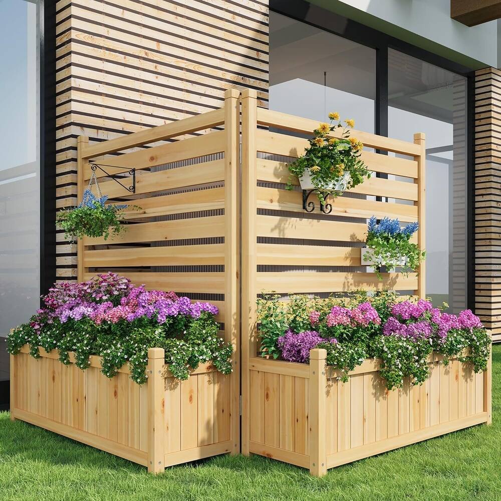2-Panel Wood Fence Panels with Planter Box for Outside, Yard - N/A