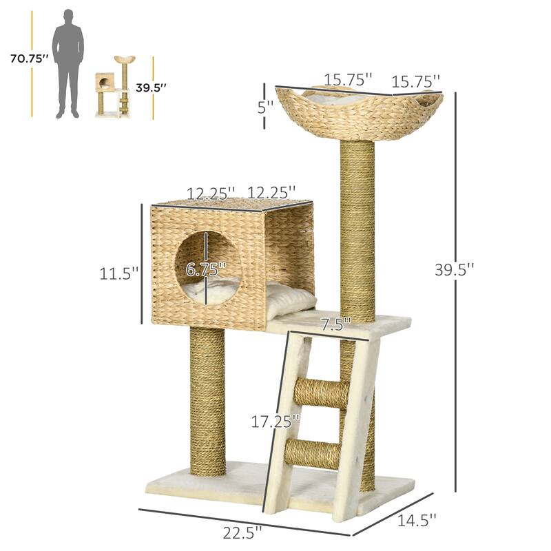 Cat Tree,Cattail Weave Cat Tree for Indoor,Cats Tower - Natural,White