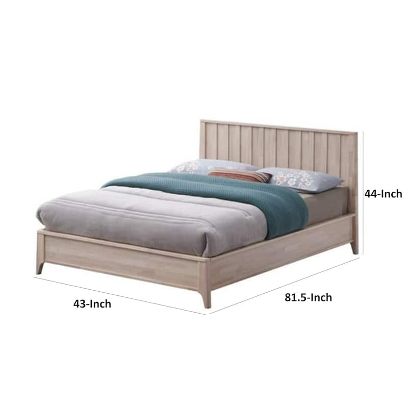Vasu Twin Size Bed, Reeded Headboard, Whitewash Solid Rubberwood