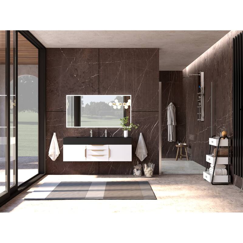 Nile 60" Wall Mounted Bathroom Vanity Set w/ Black Top
